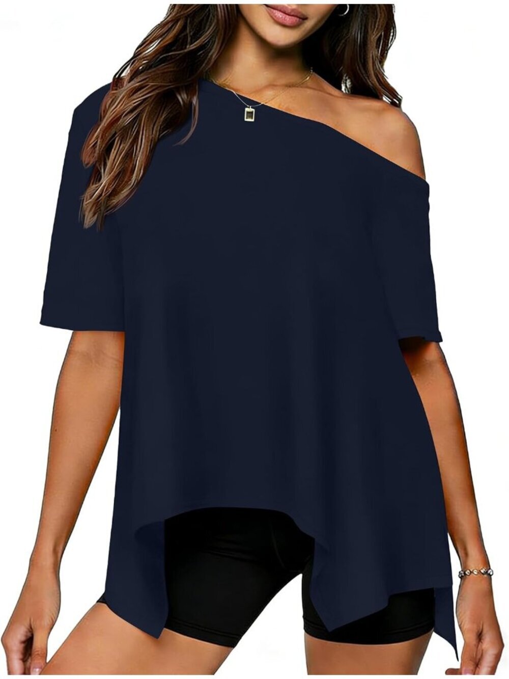 Women's Navy Blue Off Shoulder Slouchy Boat Neck Short Sleeve Tunic Top